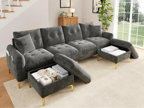 Narożnik 4-osobowy w kształcie litery U 263 × 137 × 85 cm - z 2 pufami z pojemnikiem i 2 poduszkami - tkanina welurowa - szary