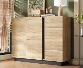 Nowoczesny kredens 110x35,5x90,5cm - z 4 szufladami i 2 drzwiami - styl retro - z regulowanymi półkami - naturalny