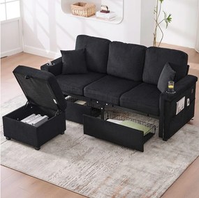 Czarna sofa 4-osobowa - Sofa narożna z oświetleniem LED i podnóżkiem ze schowkiem - uchwyt na kubek i boczne kieszenie - sztruks