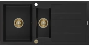 Mexen Andres zlewozmywak granitowy 1,5-komorowy z ociekaczem 1000 x 500 mm czarny, syfon złoty - 6515101510-77-G