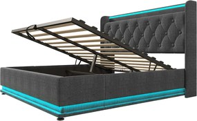 Łóżko z pojemnikiem 140x200 cm, łóżko dla dorosłych z oświetleniem LED i portem USB typu C - len szary (bez materaca)