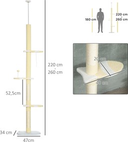 PawHut Regulowany drapak z antypoślizgiem, słupkami z sizalu, 220-260W x 47D x 34S cm, Żółty/Biały/Niebieski