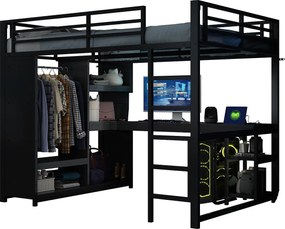 Łóżko piętrowe dla dzieci - 140 x 200 cm - z oświetleniem LED + biurko + szafa + schowek - metalowe - czarne