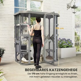 PawHut Wybieg dla kota na zewnątrz z wejściem drewniany domek dla kota z 4 platformami wodoodporny dach Oxford 2-3 koty do 8 kg | Aosom PL