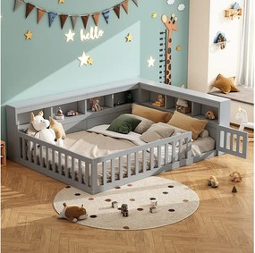 Łóżko dziecięce 2-osobowe - 140 x 200 cm - szafka nocna z miejscem do przechowywania + gniazdko + USB - z podstawą z listew - płyta wiórowa - szare