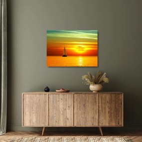 Obraz na szkle - zachód słońca z jachtem (70x50 cm)