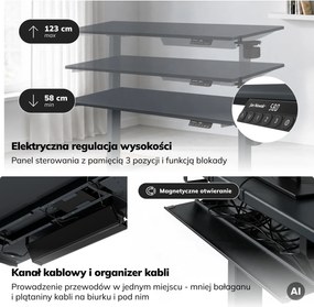 Biurko elektryczne z regulacją wysokości ergonomiczne antracytowe,1400x700 mm: ARIA