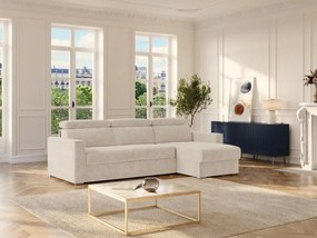 Kanapa narożna dwustronna rozkładana w tkaninie typu szenil w beżowym kolorze – Powierzchnia spania z szerokimi listwami 140 cm – Materac 22 cm z pianki memory VIZIR.