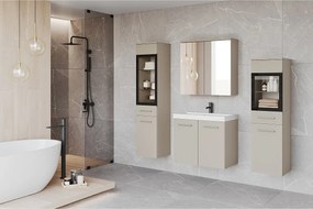 Meble łazienkowe z LED, zestaw wiszący do łazienki z umywalką, 2 słupkami i szafką lustrzaną, kaszmirowy beż