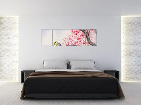 Obraz - ptak na drzewie z czerwonymi kwiatami (170x50 cm)