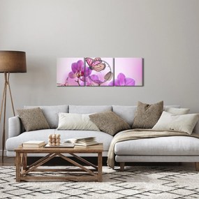 Obraz - Motyl na kwiatach orchidei, liliowy (z zegarem) (90x30 cm)
