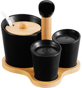 Florina Zestaw cukiernica, solniczka i pieprzniczka na bambusowej podstawce Adria, czarny