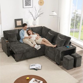 Narożnik rozkładany w kształcie litery L - 220 x 205 x 86,5 cm - ze schowkiem + port USB + poduszki + 2 hokery ze schowkiem - aksamit - szary
