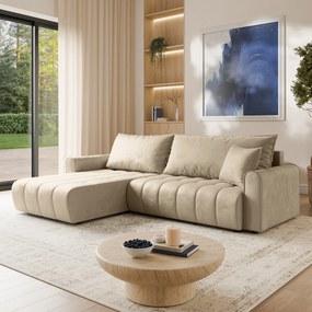 Masseno Narożnik FRIGA z funkcją spania i pojemnikiem na pościel Narozniki L, Rozkładana sofa - Kremowy, MONOLITH 04