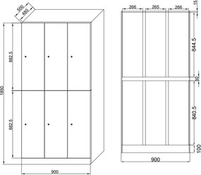 Szafka skrytkowa S1, 6 schowków, 1850 x 900 x 500 mm, zamek mechaniczny z kodem, drzwi laminowane, biała