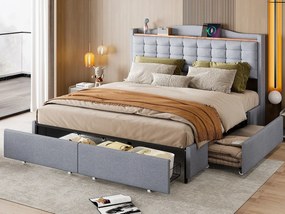 Łóżko tapicerowane 160 x 200 cm z 4 szufladami i półką - port ładowania USB - szare