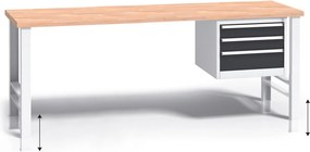 Stół warsztatowy z regulacją wysokości G3, 2000 x 685 x 840-1050 mm, 1x 3 szufladowy kontener, grafitowy