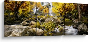 Obraz - Wodospady w jesiennym krajobrazie, żółty (z zegarem) (90x30 cm)