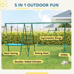AIYAPLAY 5 w 1 huśtawka z regulowaną huśtawką typu gniazdo, kółkami gimnastycznymi, dwusiedziskiem, ścianką wspinaczkową, dla dzieci 3-8 lat, 440x175x203 cm | Aosom PL