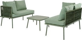 Komfortowy 4-osobowy zestaw mebli ogrodowych narożnych - 2 sofy i 1 stolik kawowy + 8 poduszek na siedziska i oparcia - żelazo i lina - zielony
