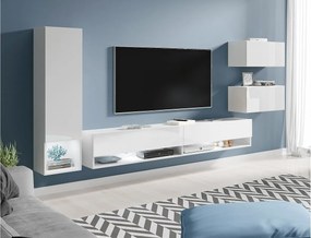 Nowoczesna meblościanka z LED 4-elem. – wiszący zestaw RTV 180 cm, słupek, 2 szafki, korpus biały mat, fronty biały połysk