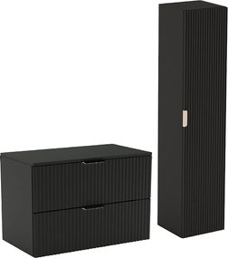 Czarny Zestaw Łazienkowy 80cm Szafka Blat Słupek Ryflowane Fronty