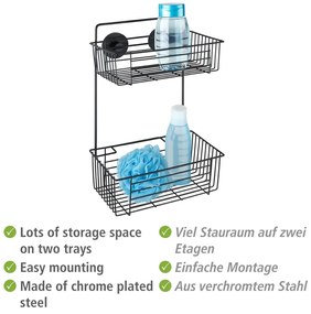 Czarna ścienna dwupoziomowa półka łazienkowa Wenko Vacuum-Loc® Pavia