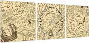 Obraz - Zabytkowa mapa, ilustracje (z zegarem) (90x30 cm)