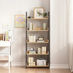 Regał schodkowy 158x63x30 cm – styl loftowy, jasny dąb i czerń, 5 półek