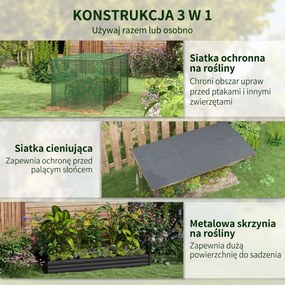 Outsunny Wysokie Łóżko Ogrodowe ze Stali 230x110x110cm z Siatką Ochronną Ciemnoszary | Aosom PL