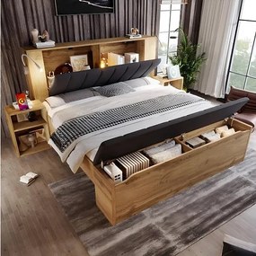 Łóżko dla dorosłych 180x200 cm z szafkami i ławką, wezgłowiem z lampkami i USB, drewno, dąb, bez materaca