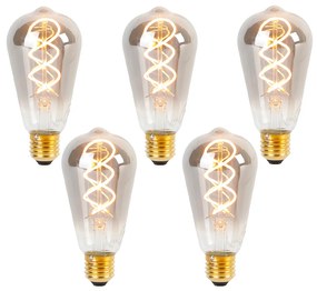 Zestaw 5 żarówek LED E27 o przyciemnianym świetle, filament skręcany ST64, dymione szkło, 120 lm, 1800 K