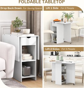 HOMCOM Składany Stół dla 2-4 osób, Składany Stół Kuchenny z Przesrzenią do Przechowywania, Rozkładany na Kołach, Biały