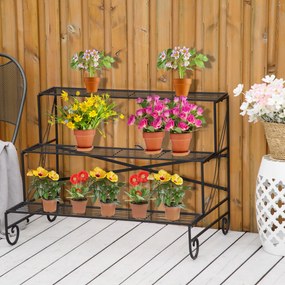 Outsunny Regał na kwiaty 3-poziomy Metalowy stojak na rośliny Do wnętrz i ogrodu Czarny 95x63x72cm | Aosom PL