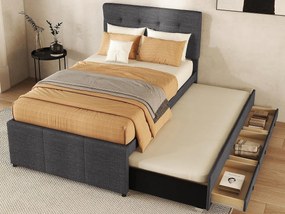 Łóżko tapicerowane 90x200cm z łóżkiem wysuwanym 90x190cm - z tkaniny lnianej - z 3 szufladami i stelażem na listwy - Szary
