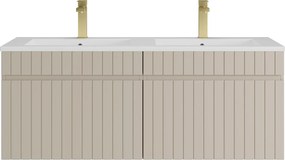 Wisząca szafka łazienkowa prążkowana beżowa z umywalką podblatową do zabudowy i baterią - 120 cm - SATARA