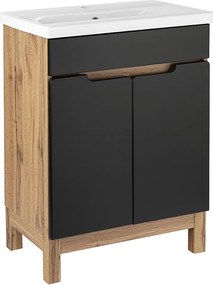 Zestaw Łazienkowy Stojący Szafka z Umywalką 60cm Dąb Wotan / Czarny Alma 2D