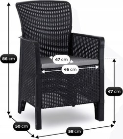 Zestaw Mebli Ogrodowych Stół ARGOS 160-210 cm Ciemnoszary Dąb/Czarny i 6x Fotel FRESNO Czarny Technorattan Nowoczesny