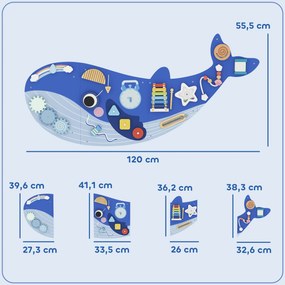 AIYAPLAY Montessori deska motoryczna 13-w-1 drewniana tablica aktywności w kształcie wieloryba montowana na ścianie z ksylofonem i zegarem oraz zębatkami | Aosom PL