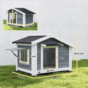 PawHut Buda dla psa drewniana, wodoodporna, z wyjmowaną podłogą, otwieranym oknem i dachem z asfaltu, 98 x 76 x 69,5 cm, szara | Aosom PL