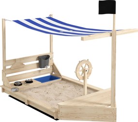 Outsunny Piaskownica w kształcie statku pirackiego z zestawem kuchennym, z ochroną przeciwsłoneczną, z naturalnego drewna, 180 x 103 x 144,5 cm