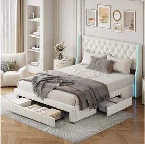 Łóżko tapicerowane 160x200cm, łóżko małżeńskie z 3 szufladami, LED, rama łóżka, aksamit, beż