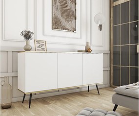 Komoda ORO K-160 nowoczesna 160 cm szeroka, biała, 2 drzwi, 2 szuflady, Push-to-Open, czarne metalowe nogi 23 cm, laminat 16 mm