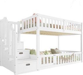 Łóżko piętrowe dla dzieci - 2 x 90 x 200 cm - drabinka z miejscem do przechowywania - płyta MDF + drewno - białe