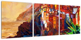 Obraz - Wieś na wybrzeżu Cinque Terre, Włoska Riviera, nowoczesny impresionism (z zegarem) (90x30 cm)