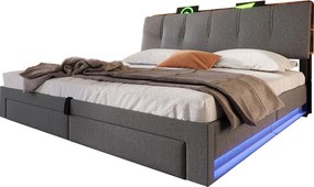 Tapicerowane łóżko z pojemnikiem 180x200 cm - z portem USB Type-C - z oświetleniem LED - len - szary​ (materac nie jest wliczony w cenę)