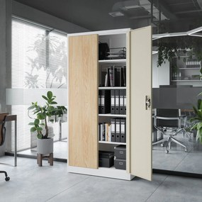 Biurowa szafa metalowa JAN, 900 x 1850 x 400 mm, Eco Design: biała/ dąb sonoma