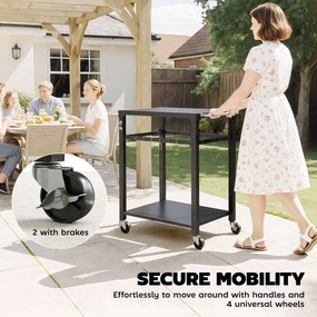 Outsunny Outdoorowy wózek grillowy, Stojak na piec do pizzy z metalową powierzchnią, 2-poziomowa mobilna stacja kuchennych z haczykami i uchwytami, Czarny | Aosom PL