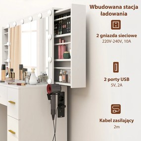 HOMCOM Toaletka z lustrem i 12 lampami LED, toaletka z 7 szufladami, 6 ukrytymi schowkami, płyta wiórowa, Biały