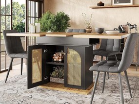 Stół rozsuwany jadalniany 110-140×80cm - 4-6 osób - 2 drzwi z rattanu PE - styl retro - Czarny + Naturalny